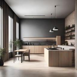 Design a modern restaurant featuring a kitchen and bathroom in a minimalist style