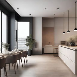 Design a modern restaurant featuring a kitchen and bathroom in a minimalist style