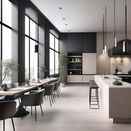 Design a modern restaurant featuring a kitchen and bathroom in a minimalist style