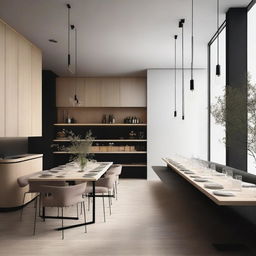 Design a modern restaurant featuring a kitchen and bathroom in a minimalist style