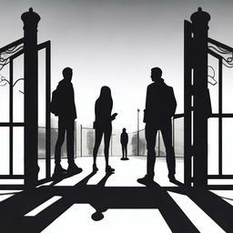 A pair of feet stepping out from a smartphone towards a school gate