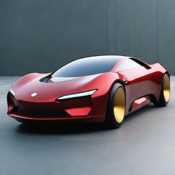 A futuristic car designed in the style of Ironman, featuring sleek red and gold colors, advanced technology, and a powerful engine