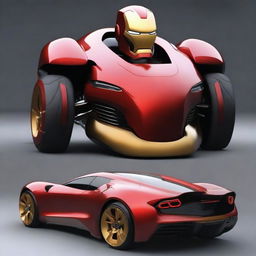 A futuristic car designed in the style of Ironman, featuring sleek red and gold colors, advanced technology, and a powerful engine