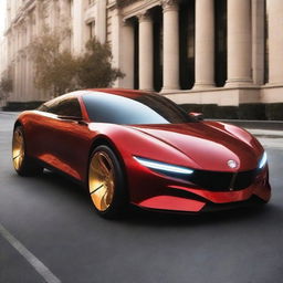 A futuristic car designed in the style of Ironman, featuring sleek red and gold colors, advanced technology, and a powerful engine