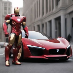 A futuristic car designed in the style of Ironman, featuring sleek red and gold colors, advanced technology, and a powerful engine