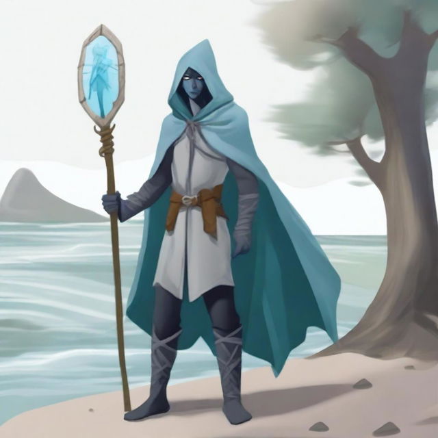 Create an image of a drow elf standing on the shores of Nicodranas