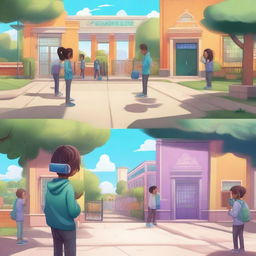 A split design with the top half depicting a virtual world where characters Gracye and Zergan interact through their phones