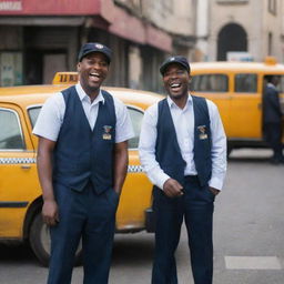 Two jovial taxi drivers sharing a hearty laugh together. They are standing in front of their cabs, dressed in uniforms.