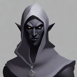 Create an image of a Drow Elf, aged 140, with dark near-black skin and deep, nearly obsidian eyes