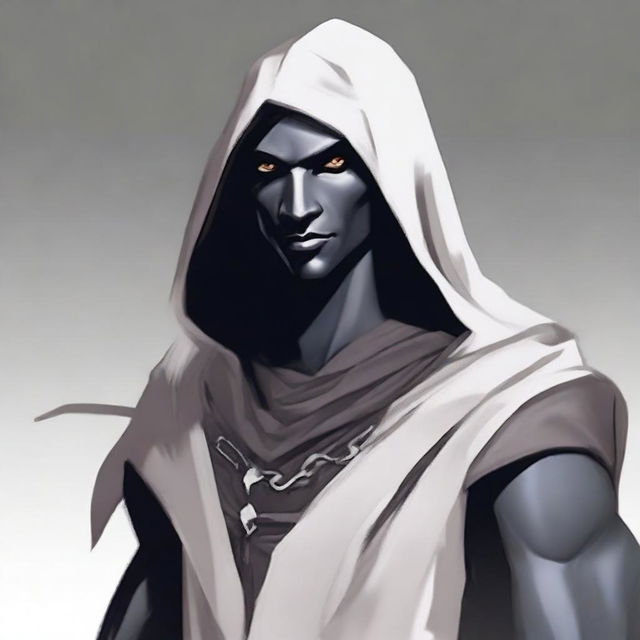 Create an image of a Drow Elf, aged 140, with dark near-black skin and deep, nearly obsidian eyes