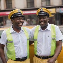 Two jovial taxi drivers sharing a hearty laugh together. They are standing in front of their cabs, dressed in uniforms.