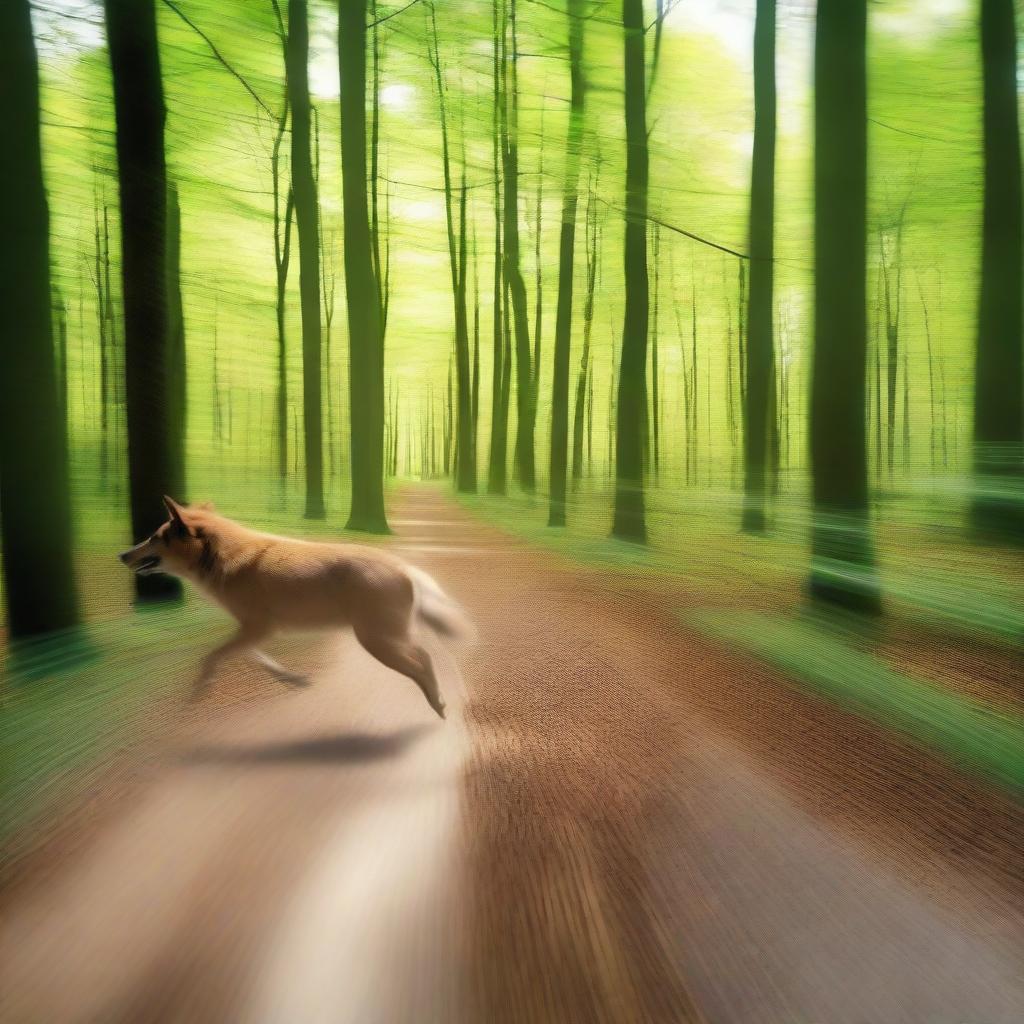 A dynamic image illustrating the view from an animal running fast through a forest