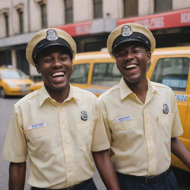 Two jovial taxi drivers sharing a hearty laugh together. They are standing in front of their cabs, dressed in uniforms.