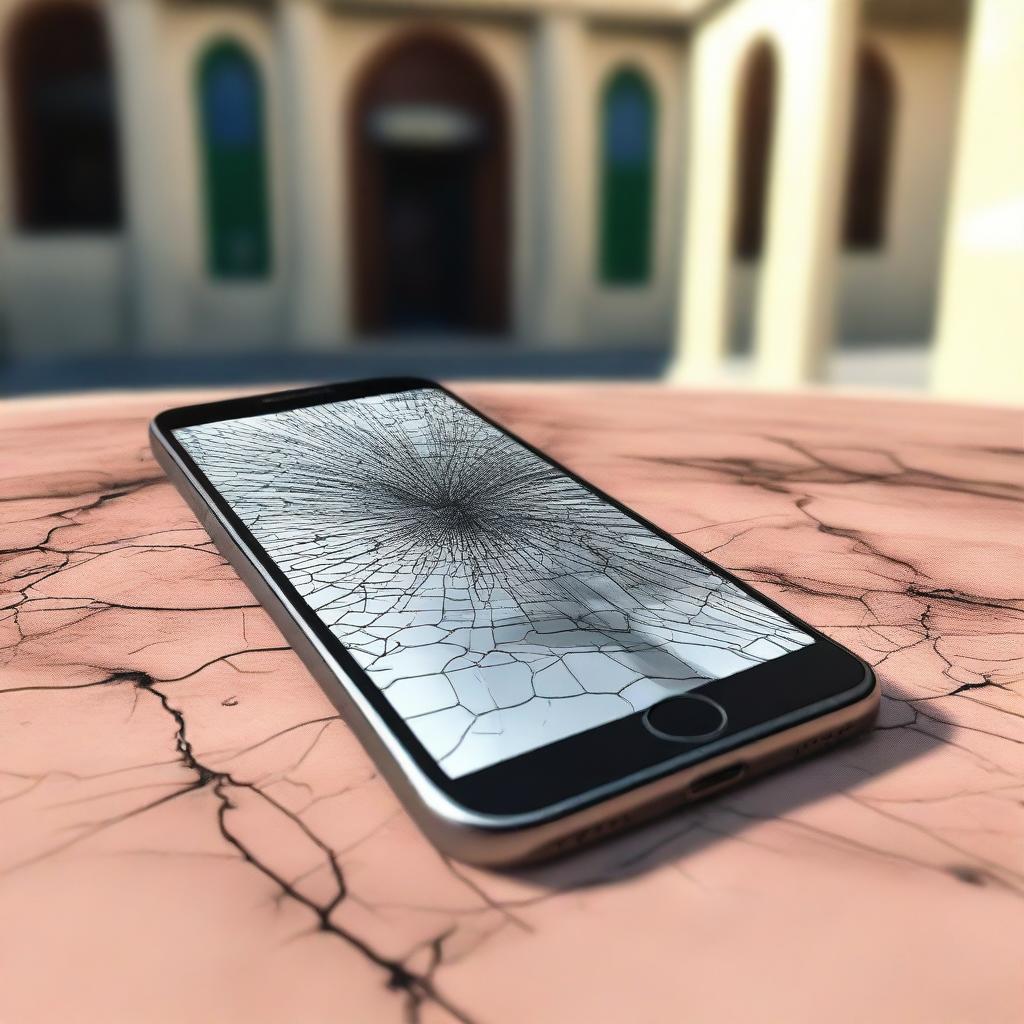 An image of a smartphone with a cracked screen, where the cracks reveal the real world behind it