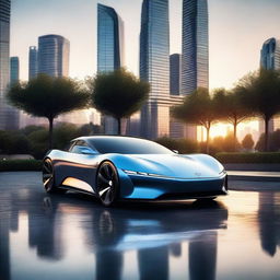 A sleek and futuristic electric luxury hyper sports car, with aerodynamic design, glossy finish, and advanced LED lighting