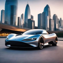 A sleek and futuristic electric luxury hyper sports car, with aerodynamic design, glossy finish, and advanced LED lighting