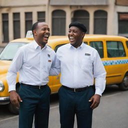 Two jovial taxi drivers sharing a hearty laugh together. They are standing in front of their cabs, dressed in uniforms.