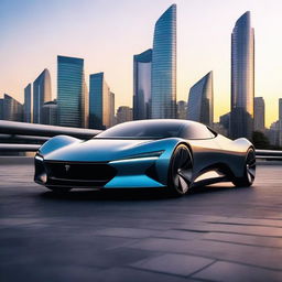 A sleek and futuristic electric luxury hyper sports car, with aerodynamic design, glossy finish, and advanced LED lighting