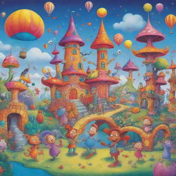 A colourful, vibrant cartoon scene with whimsical characters and a fantastical background.