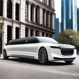 A state-of-the-art electric luxury limousine, featuring a sleek and elongated design with a glossy black finish