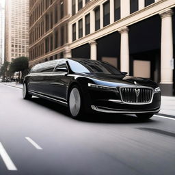 A state-of-the-art electric luxury limousine, featuring a sleek and elongated design with a glossy black finish