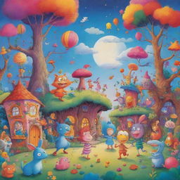 A colourful, vibrant cartoon scene with whimsical characters and a fantastical background.