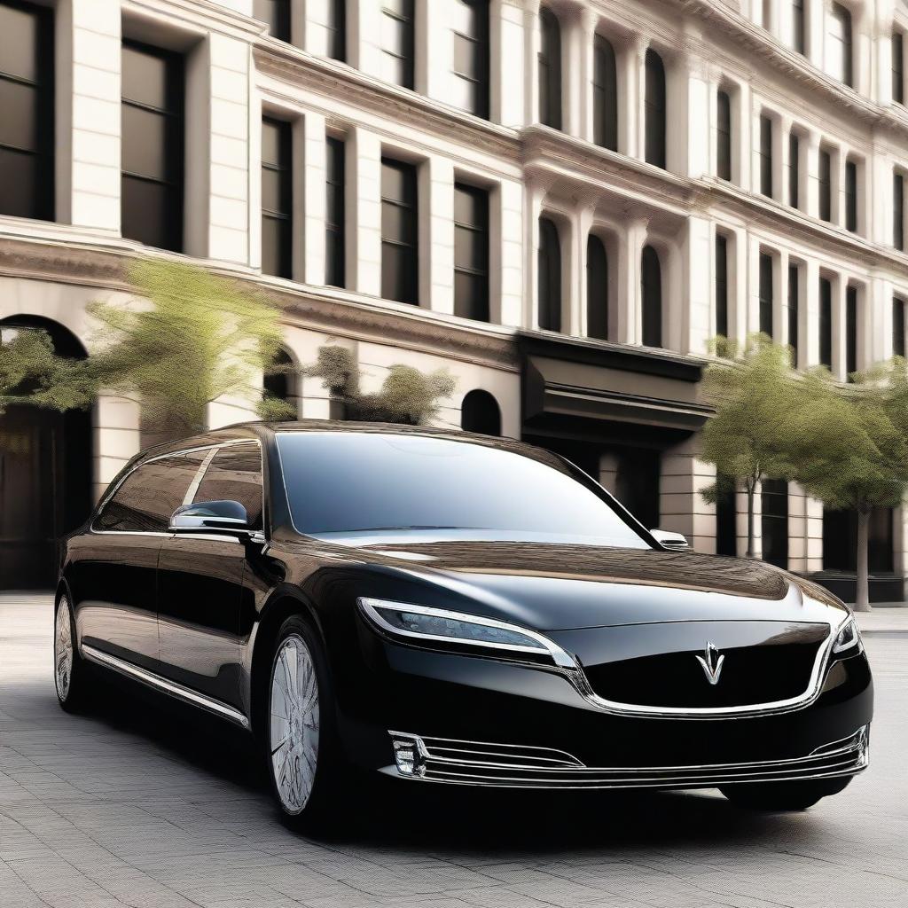 A state-of-the-art electric luxury limousine, featuring a sleek and elongated design with a glossy black finish