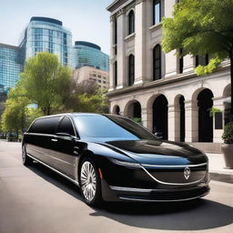 A state-of-the-art electric luxury limousine, featuring a sleek and elongated design with a glossy black finish