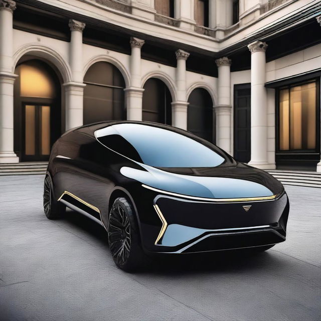 A futuristic electric luxury limousine SUV, combining the elegance of a limousine with the robustness of an SUV