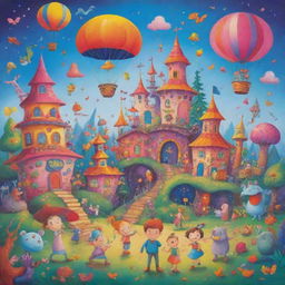 A colourful, vibrant cartoon scene with whimsical characters and a fantastical background.