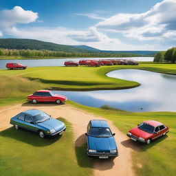 A scenic image featuring Citroen CX cars parked in an idyllic Swedish landscape