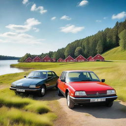 A scenic image featuring Citroen CX cars parked in an idyllic Swedish landscape