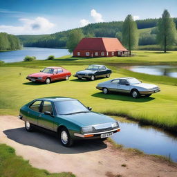 A scenic image featuring Citroen CX cars parked in an idyllic Swedish landscape