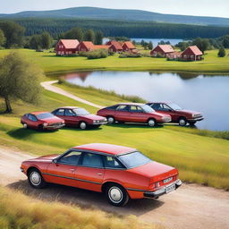 A scenic image featuring Citroen CX cars parked in an idyllic Swedish landscape