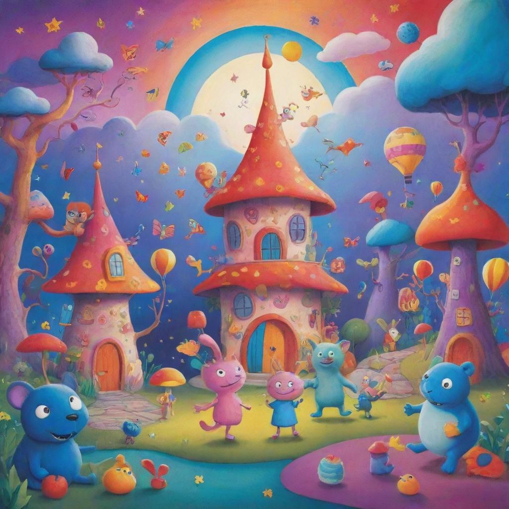 A colourful, vibrant cartoon scene with whimsical characters and a fantastical background.