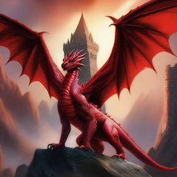 Majestic red dragon soaring through the air, its wings outstretched as it unleashes a fierce blast of flame from its mouth towards a band of brave adventurers, reminiscent of legendary Dungeons and Dragons heroes, standing fearlessly in its path