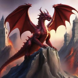 Majestic red dragon soaring through the air, its wings outstretched as it unleashes a fierce blast of flame from its mouth towards a band of brave adventurers, reminiscent of legendary Dungeons and Dragons heroes, standing fearlessly in its path