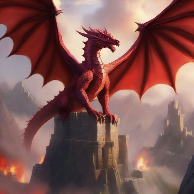 Majestic red dragon soaring through the air, its wings outstretched as it unleashes a fierce blast of flame from its mouth towards a band of brave adventurers, reminiscent of legendary Dungeons and Dragons heroes, standing fearlessly in its path