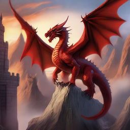 Majestic red dragon soaring through the air, its wings outstretched as it unleashes a fierce blast of flame from its mouth towards a band of brave adventurers, reminiscent of legendary Dungeons and Dragons heroes, standing fearlessly in its path