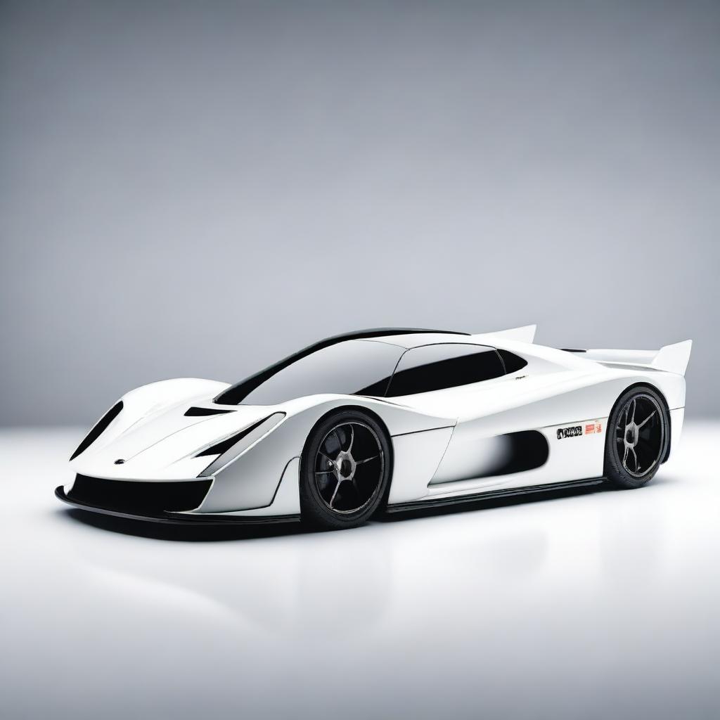 A modern supercar inspired by 90s Group C racecars and prototype Le Mans vehicles, featuring a white long tail design