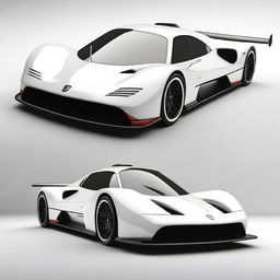 A modern supercar inspired by 90s Group C racecars and prototype Le Mans vehicles, featuring a white long tail design