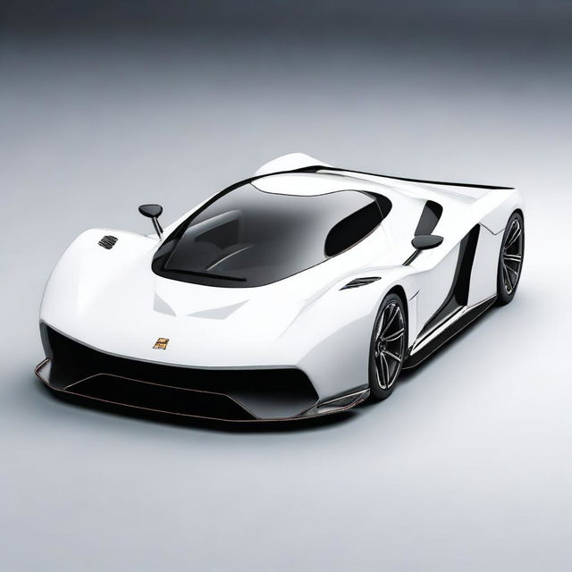 A modern supercar inspired by 90s Group C racecars and prototype Le Mans vehicles, featuring a sleek white color and a long tail design