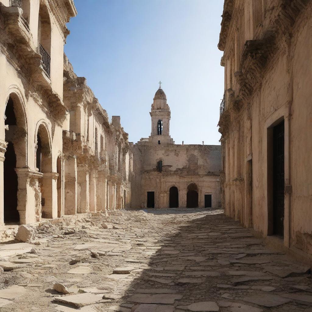 Una imagen de la ciudad de Cádiz en ruinas, con edificios derrumbados y calles desiertas