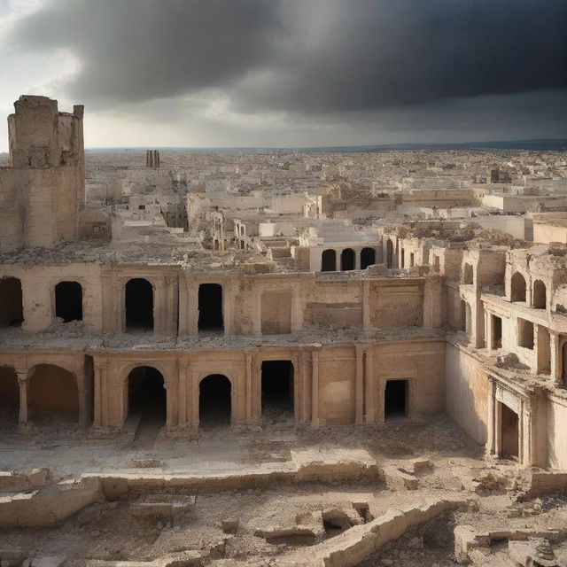 Una imagen de la ciudad de Cádiz en ruinas, con edificios derrumbados y calles desiertas