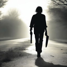 A creepy man walking along the side of a road in summer, carrying a bloody machete