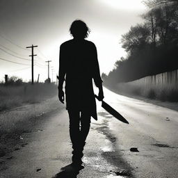 A creepy man walking along the side of a road in summer, carrying a bloody machete