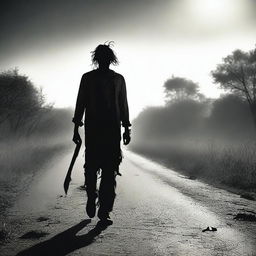 A creepy man walking along the side of a road in summer, carrying a bloody machete