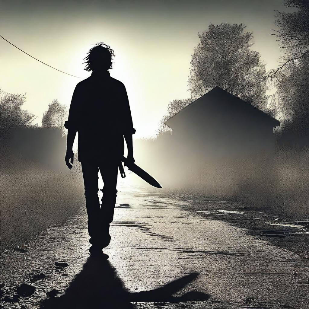 A creepy man walking along the side of a road in summer, carrying a bloody machete