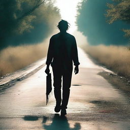 A creepy man walking along the side of a road in summer, carrying a bloody machete