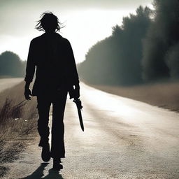 A creepy man walking along the side of a road in summer, carrying a bloody machete